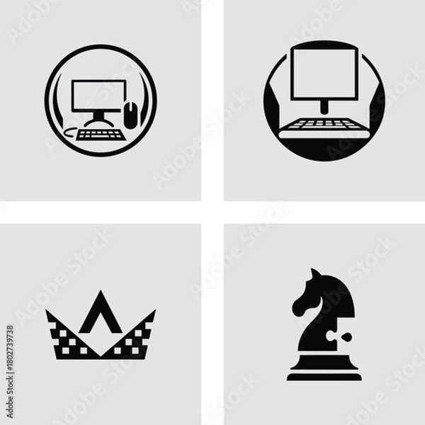 Fototapeta Set of four minimalist icons featuring a computer crown and chess knight simple flat vector design element isolated on white background