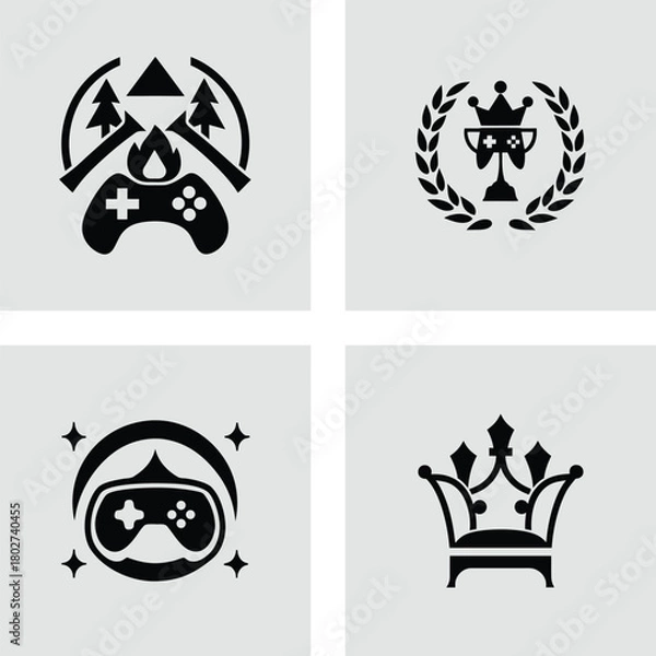 Fototapeta Set of gaming icons black vector glyphs for esports and streaming isolated on white background