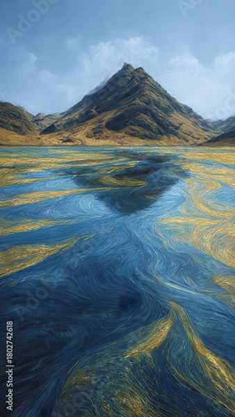 Fototapeta Vivid Fluid Dynamics Of Blue And Gold Suminagashi Water Reflecting Bas-Relief Mountain Under Wide Sky.