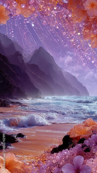 Fototapeta Vibrant Bas-Relief Coastal Cliffs And Crashing Suminagashi Waves Framed By Sparkling Crystalline Flowers And Gems.