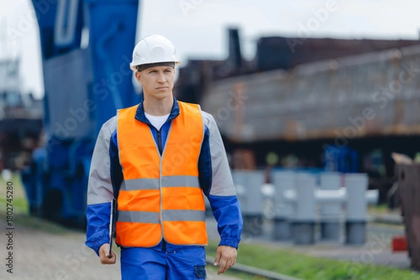 Obraz Young man industrial engineer in white hard hat and blue uniform use tablet. Concept inspector work in container terminal or cargo logistic center