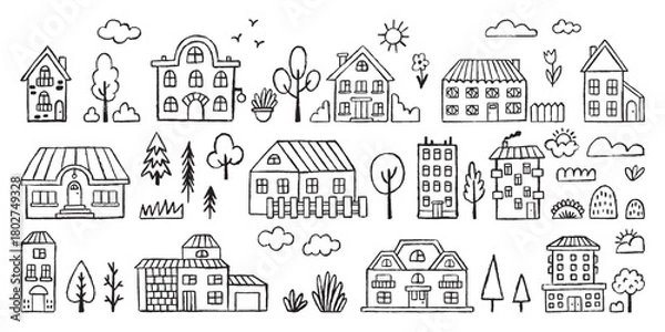 Fototapeta Pencil drawing houses. Grunge countryside buildings, children drawn style homes and nature elements. Clouds, fir tree, tree, sun, architecture neoteric vector set