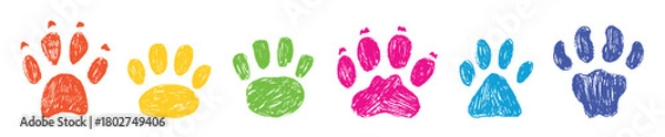 Fototapeta Crayon pet paws. Pencil drawing children style animal footprints. Cat dog tiger paw prints. Colorful decorative art animalistic neoteric vector elements