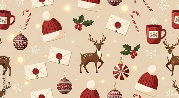 Obraz Seamless pattern with holiday elements including reindeer, hot beverages, letters, candy canes, and winter hats on a light background