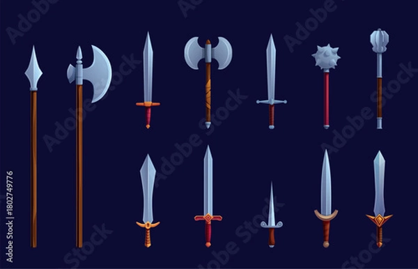 Obraz Medieval cartoon weapon. Ancient sword, knife, axe. Viking or knight weapons for war and battles. Historical warriors tools, game design sapid vector elements
