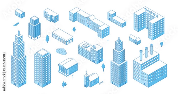 Obraz Isometric line city buildings. Urban infrastructure, apartment building, house, hotel, hospital, skyscraper. Elements for app map, town design, nifty vector set