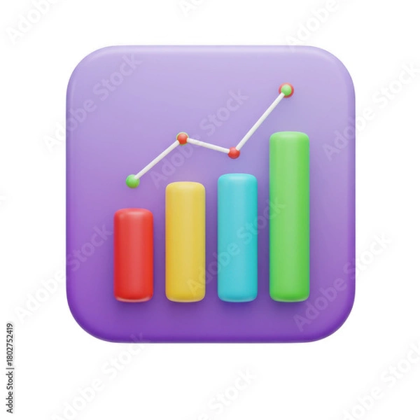 Fototapeta 3d bar chart with upward trend line on purple background isolated on transparent background