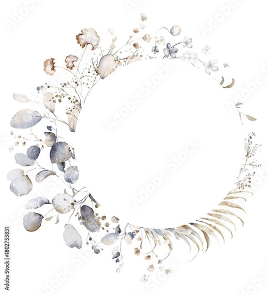 Fototapeta Watercolor eucalyptus wreath frame with leaves and twigs. Botanical floral circular design for wedding, greeting, and holiday cards.