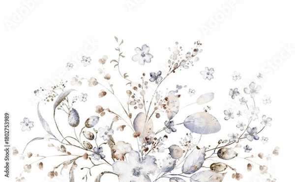 Obraz Watercolor botanical arrangement with dried flowers for wedding and invitation. Floral illustration for card and stationery. Isolated composition for design and decoration.