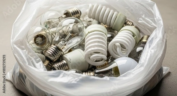 Obraz Discarded light bulbs and fluorescent lamps pile in clear plastic bag. Light bulbs display wastefulness of energy consumption. Light bulbs create pollution and hazardous materials for environment,