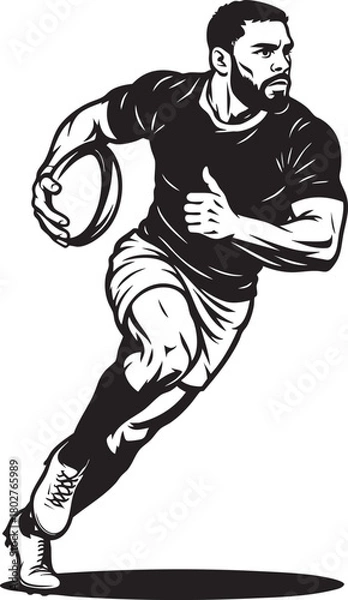 Fototapeta A dynamic black and white vector illustration of a muscular, bearded rugby player running with the ball.