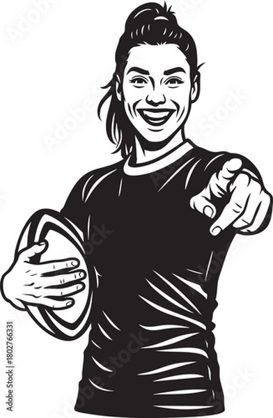 Fototapeta Enthusiastic woman pointing while holding a rugby ball, black and white vector.