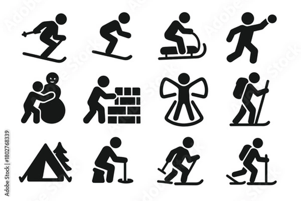 Fototapeta Winter Activities Icons. Solid style icons of snow-related activities: skiing icon, snowboarding figure, sledding down hill,