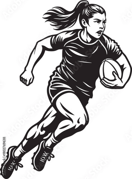 Fototapeta A dynamic black and white illustration of a female rugby player running with the ball during a game.