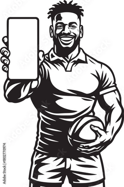 Fototapeta A smiling muscular rugby player in a polo shirt holding a ball and showing a blank smartphone screen.