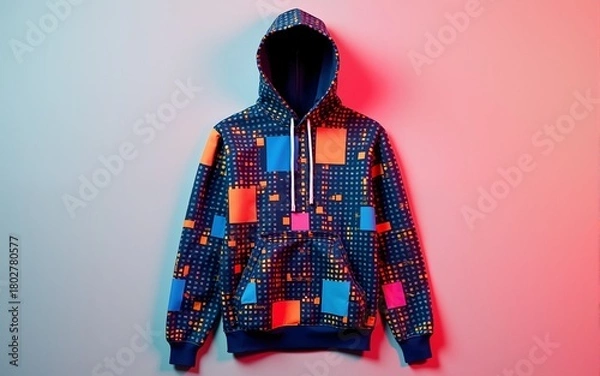 Fototapeta A trendy, fashionforward pixel print hoodie in vibrant colors, featuring a unique digitalinspired design. Generative AI. High quality