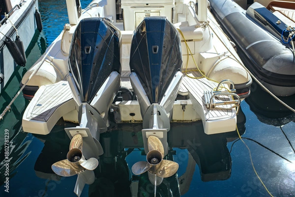 Obraz Close-up of two outboard marine engines on a modern motorboat in a marina, with deck details, propellers, and water reflections on a bright sunny day.