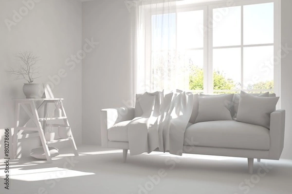 Fototapeta Idea of white room with sofa and summer landscape in window. Scandinavian interior design. 3D illustration
