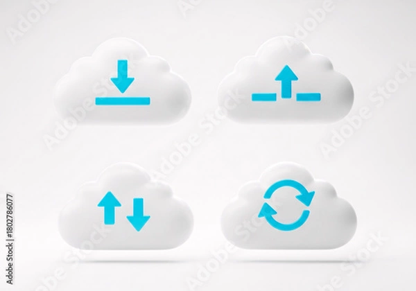 Fototapeta Four stylized white cloud icons with blue symbols representing data download, upload, bidirectional transfer, and sync, isolated on a white background. isolated on white background