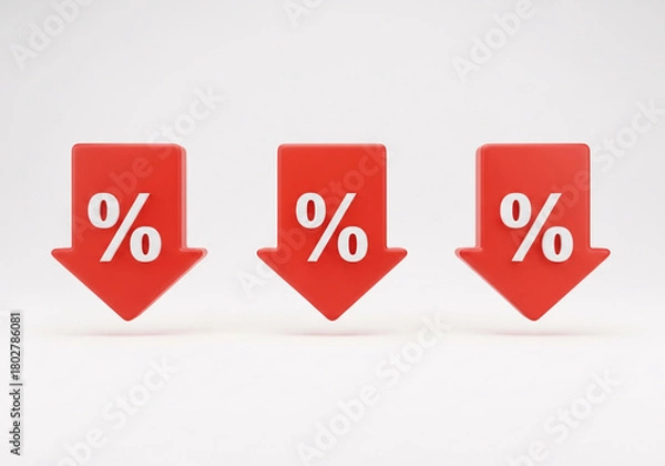Fototapeta Three red arrows with percentage symbols pointing down, symbolizing decrease, sales, or economic decline on a white background. isolated on white background