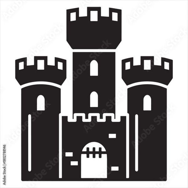 Fototapeta Black castle silhouette with crenellated towers and arched windows fortress architecture