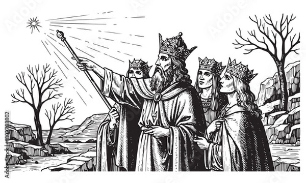 Fototapeta Kings observe star pointing with staff crowns