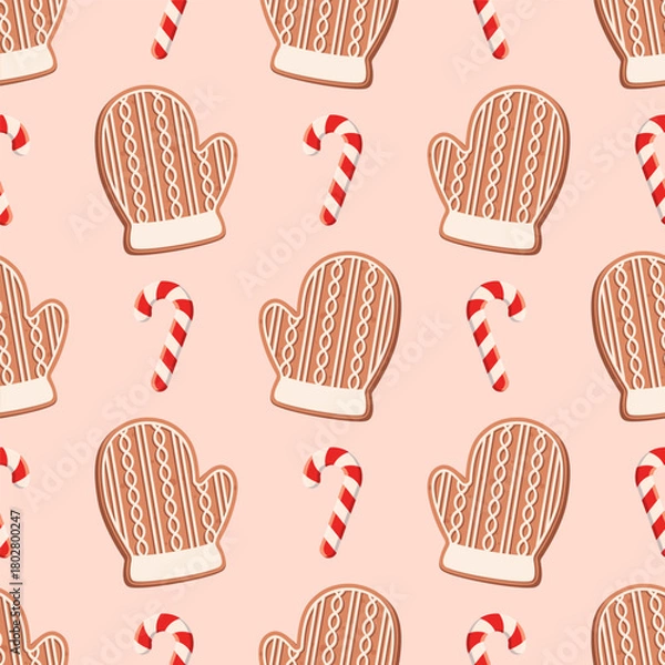 Obraz Seamless pattern with gingerbread cookie in form of glove decorated of sugar icing and candy cane on a light beige background. Vector festive winter season background.
