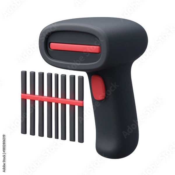 Obraz STYLE 3D render, A bar code scanner icon with clean scanner beam, black and light red tones, isolated on a white background