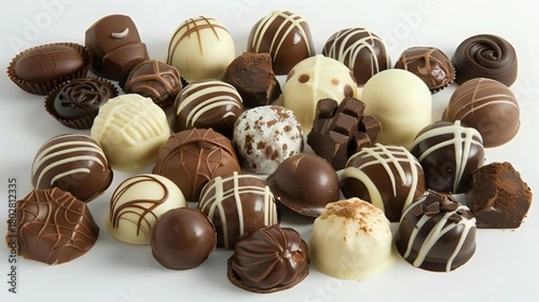 Fototapeta Assortment of gourmet chocolate truffles and pralines in dark, milk, and white chocolate with various decorative patterns and fillings on white background.