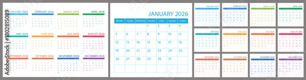 Fototapeta Calendar and planner 2026 year, schedule month calender, European organizer template. Week starts on Monday. Business personal page. Modern simple dairy. Vector illustration