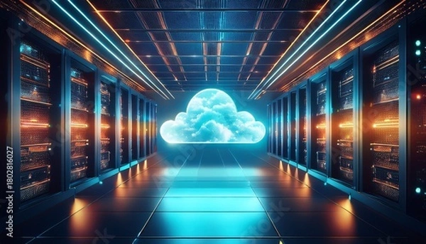 Fototapeta modern cloud computing metaphor in a sleek server room with a glowing cloud form floating above racks conveying scalability security and innovation