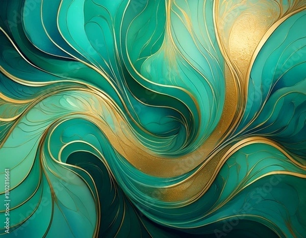 Fototapeta a stunning abstract image featuring swirling green and turquoise patterns interspersed with striking golden veins