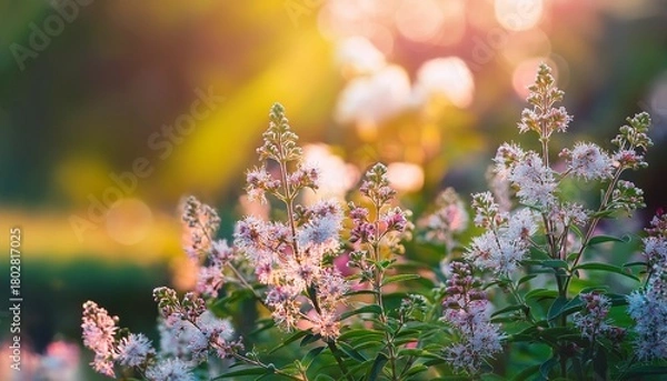 Fototapeta close up of blooming plant with blurred garden backdrop