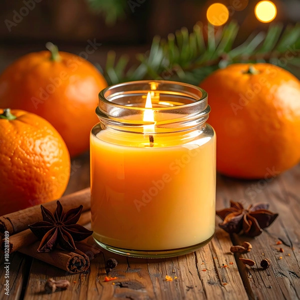 Fototapeta A lit candle in a glass jar surrounded by oranges and cinnamon sticks. The warm glow creates a cozy atmosphere, perfect for winter celebrations.