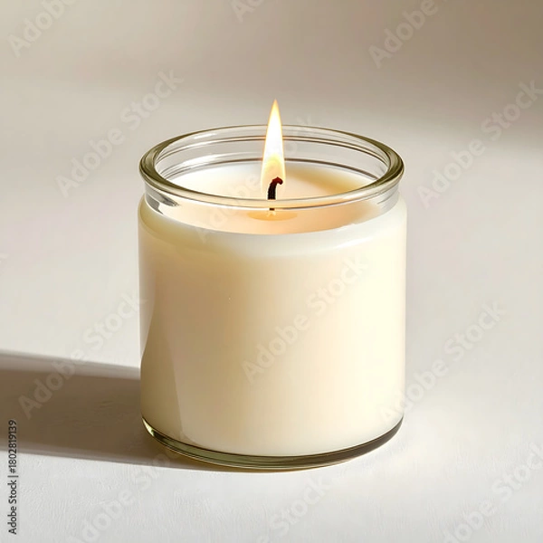 Fototapeta A lit candle in a glass jar emits a warm glow. The candle is white and the flame flickers gently. Ideal for holiday decorations and cozy settings.
