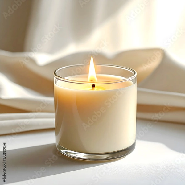 Fototapeta A lit candle in a glass holder sits on a white surface. Soft fabric drapes in the background, creating a warm, cozy atmosphere for the holiday season.