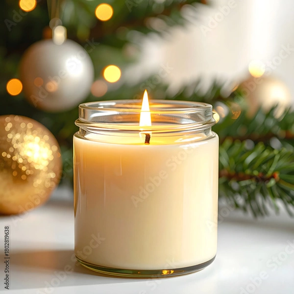 Fototapeta A lit candle in a glass jar sits on a table. The background features a Christmas tree with golden ornaments and soft glowing lights. The scene evokes a festive atmosphere.