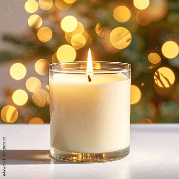Fototapeta A lit white candle in a glass holder with a warm glow. Soft bokeh lights in the background suggest a festive atmosphere, ideal for New Year and Christmas celebrations.