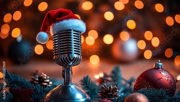 Fototapeta Vintage microphone with Santa hat surrounded by Christmas decorations against warm bokeh lights, perfect for holiday music events.