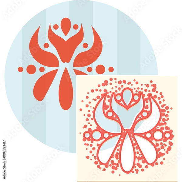 Fototapeta Abstract Red Floral Emblem Design with Circular and Speckled Backgrounds Representing Symmetry and Artistic Pattern