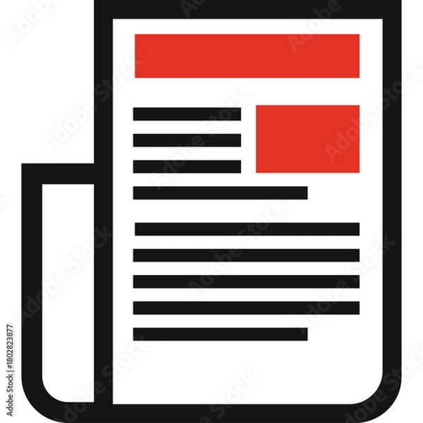 Fototapeta Abstract representation of a folded newspaper or document with red and black text blocks on a transparent background symbolizing information or news
