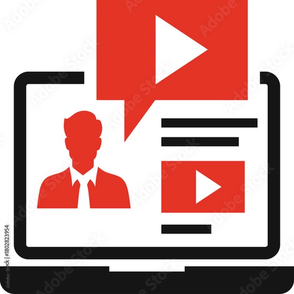 Fototapeta Abstract Red and Black Icon of a Laptop Displaying Video Content and a Silhouette of a Person Engaging in Online Communication and Learning