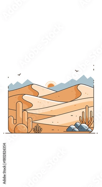 Fototapeta Desert landscape with sand dunes and cacti under the sun.