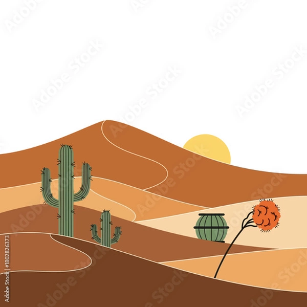 Obraz Desert landscape with cactus sun and sand dunes.