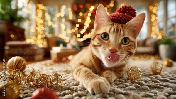 Fototapeta Playful orange tabby cat in tiny red knit hat licking its nose on a cozy rug surrounded by golden holiday ornaments with warm bokeh lights, festive Christmas pets concept