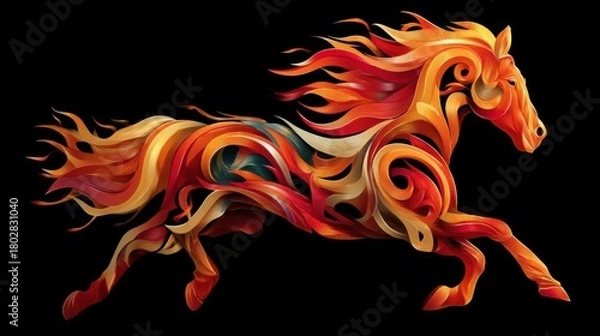 Fototapeta Dynamic stylized horse formed from swirling fiery ribbons in red, orange and gold tones against a pure black background, energetic artistic illustration concept. logo symbol 2026