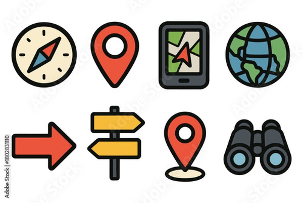 Obraz A set of colorful cartoon icons representing travel and navigation tools such as a compass map pin globe binoculars and directional signs.