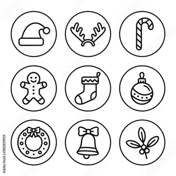 Obraz Christmas icon set featuring holiday symbols in line art style