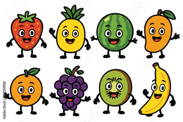Obraz A vibrant group of eight cartoon fruits, each with a smiling face and expressive eyes, are depicted in a playful arrangement.
