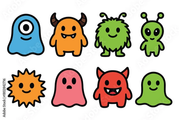 Obraz A vibrant set of eight distinct, hand-drawn cartoon monsters, each with its own playful personality and charming design.